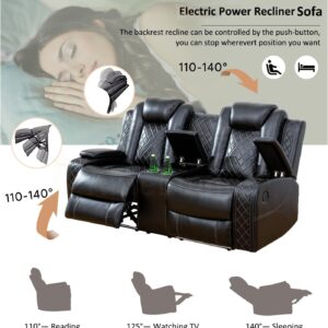 AYCP Multifunction Power Air Leather Recliner Sofa Set with LED Lights, Living Room Furniture, Reclining Sofa, loveseat, Chair with USB Port/Storage (Black, Sofa+Loveseat)