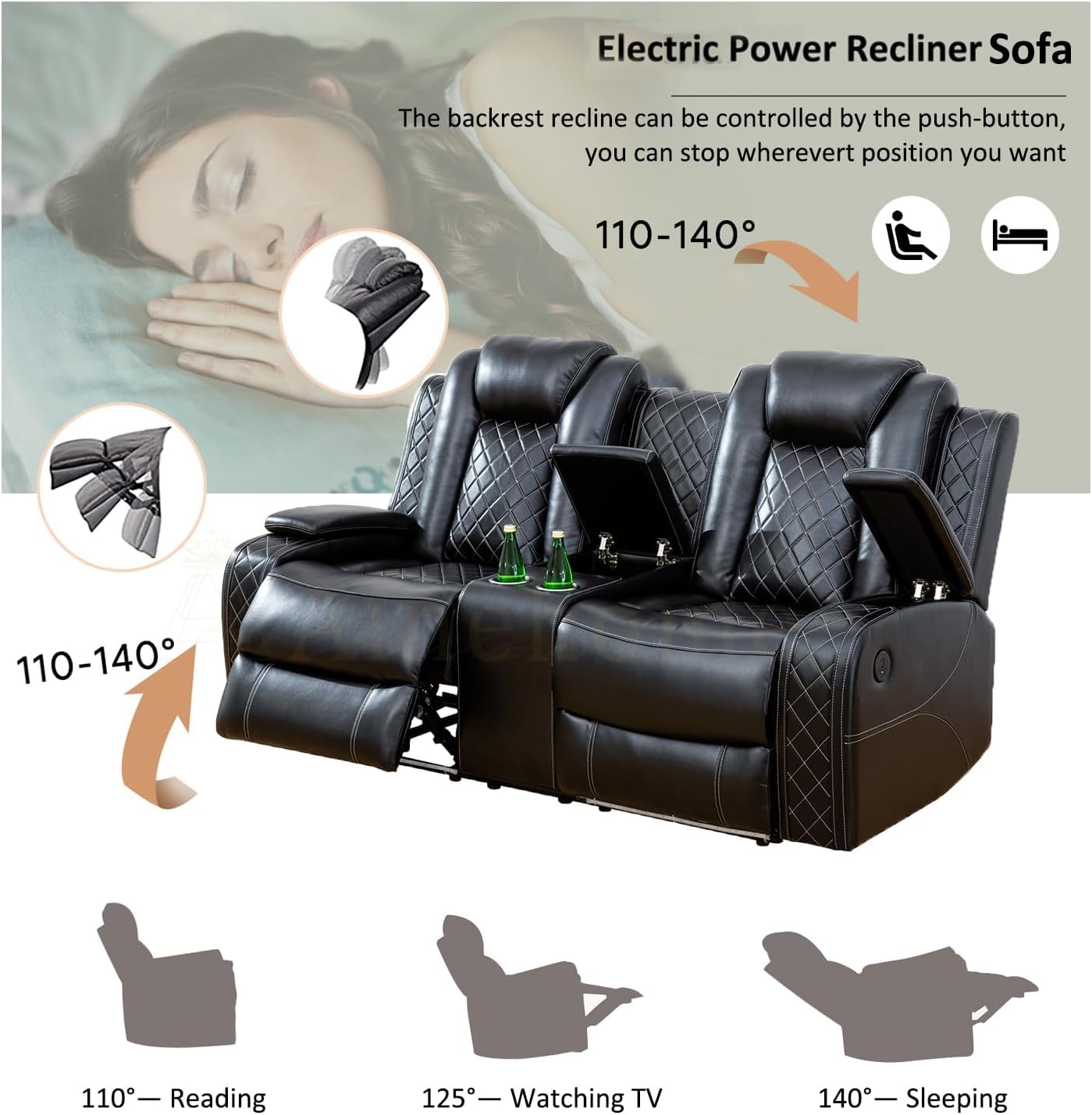 AYCP Multifunction Power Air Leather Recliner Sofa Set with LED Lights, Living Room Furniture, Reclining Sofa, loveseat, Chair with USB Port/Storage (Black, Sofa+Loveseat)