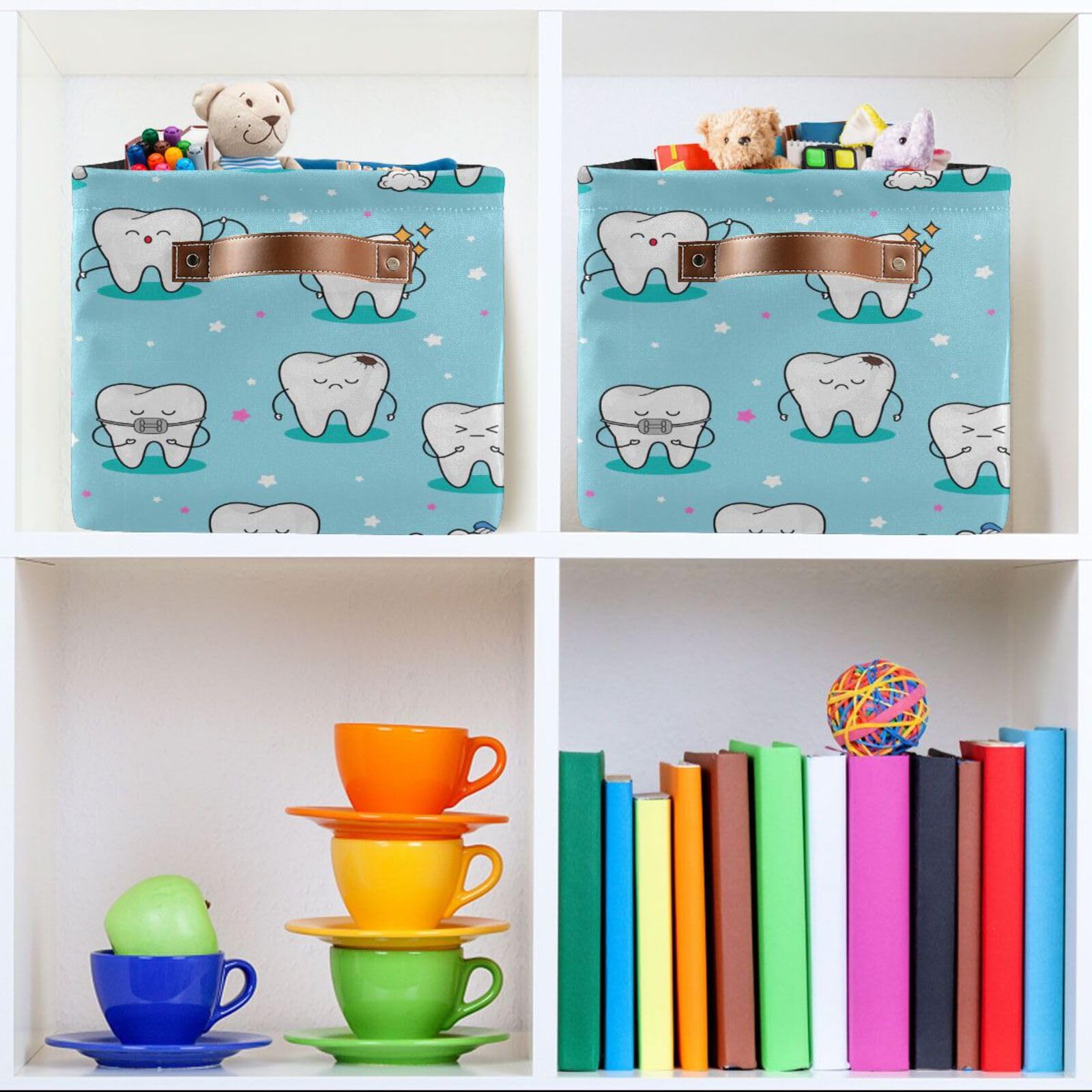 Blue Teeth Storage Basket Collapsible Storage Bins Cubes Fabric Clothes Hamper Box Toy Chest Gift Baskets for Shelves Home Nursery Shoes Office with Leather Handles