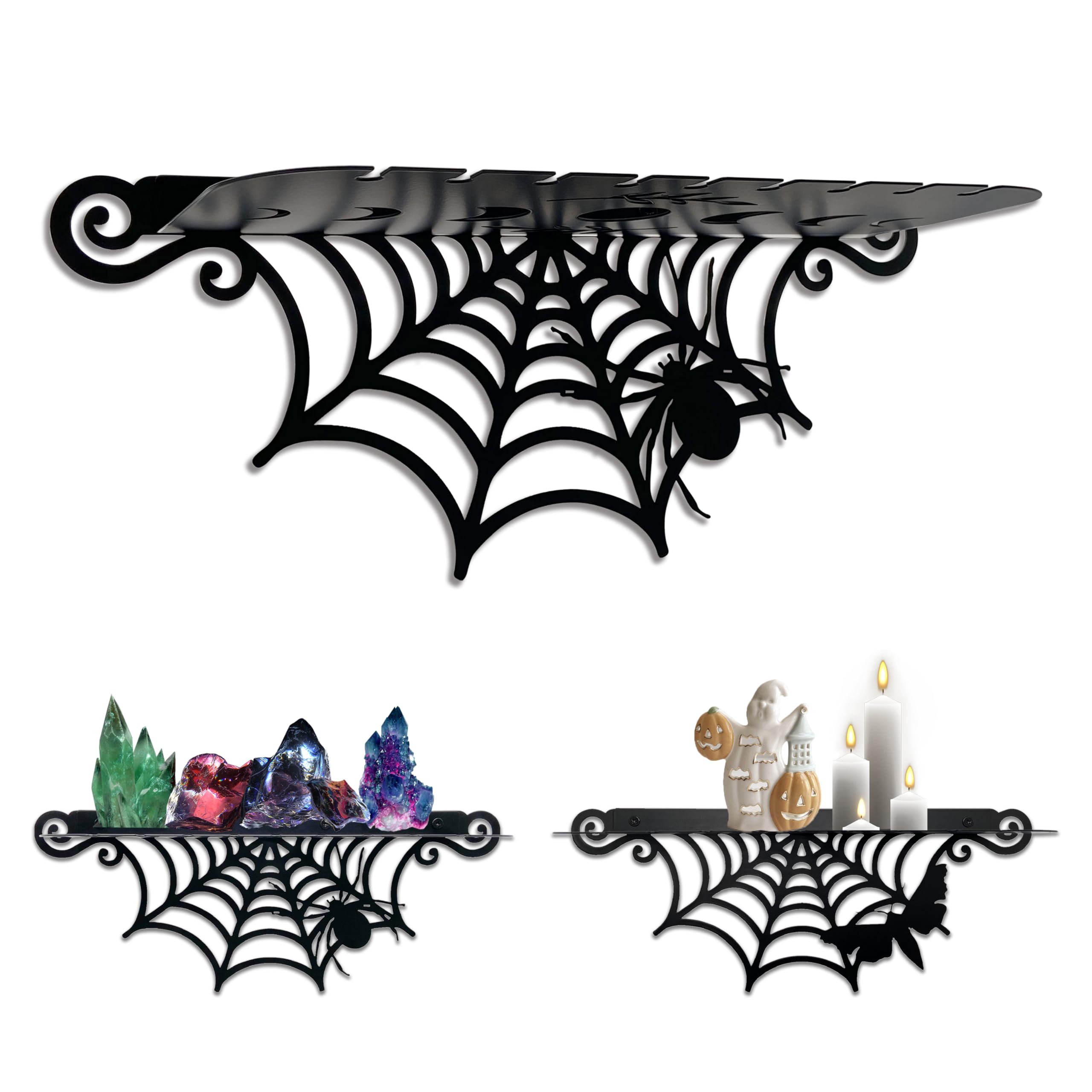 2 Pcs Gothic Decor Spiderweb Shelves Metal Goth Decor Shelf for Crystal Display Black Witchy Style Spider and Luna Moth Floating Shelves Halloween Wall Hanging Shelf Spooky Home Decor for Room