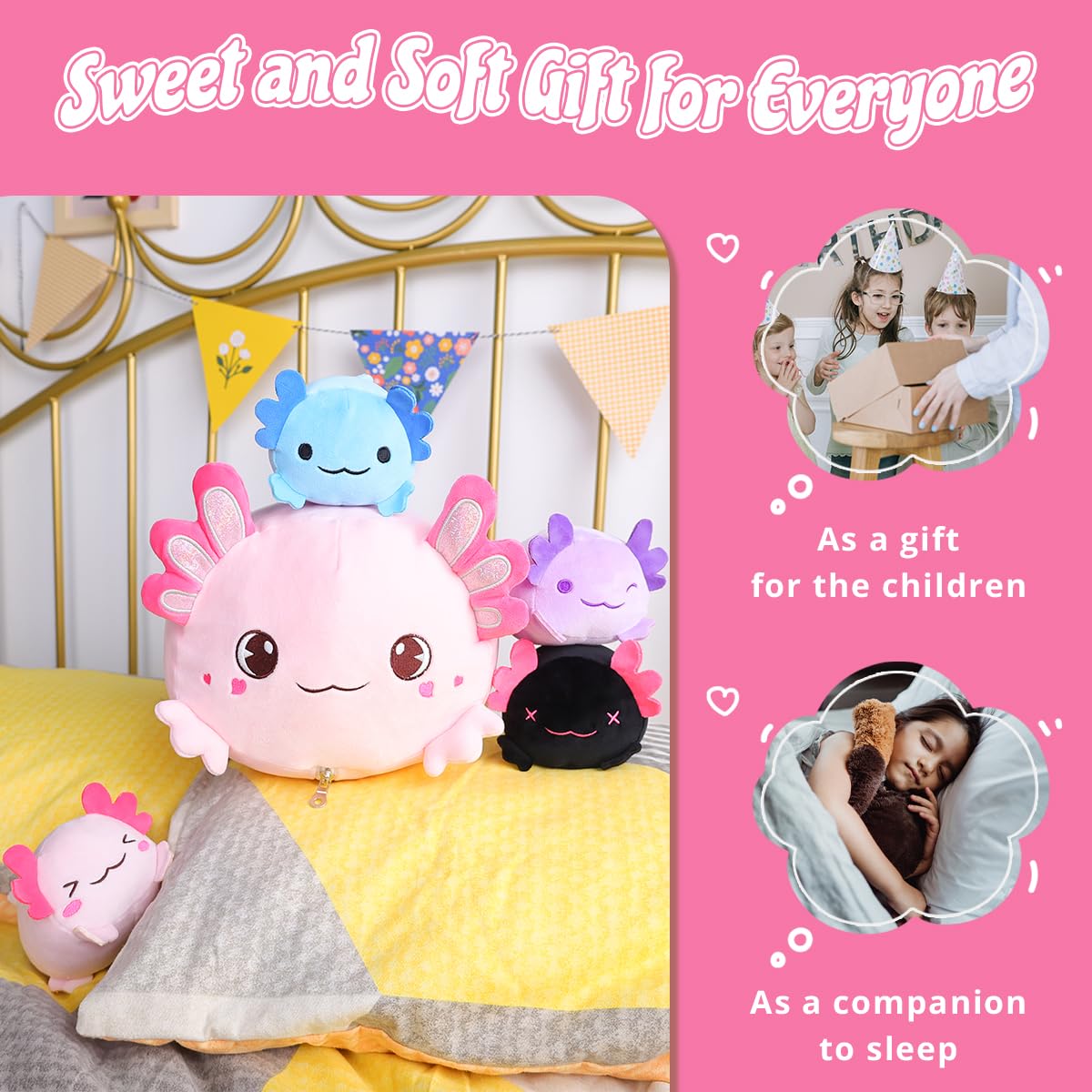 Alayger Plush Axolotl Pillow Mommy Stuffed Animal with 4 Babies Axolotls Plushies, Super Soft Kawaii Hugging Pillow Toy Gifts for Kids Bedding