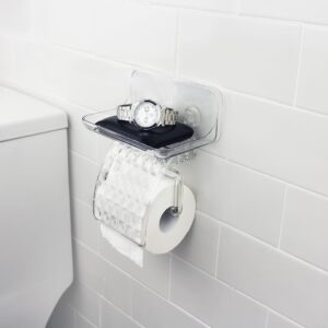 COLINCH Acrylic No Drill Toilet Paper Holder with Shelf - Splashproof, Cat-Proof Tissue Roll Holder, Adhesive Wall Mounted Bathroom Wipes Storage