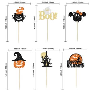 24Pcs Happy Halloween Cupcake Toppers Glitter Halloween Cupcake Picks Bat Pumpkin Ghost Cupcake Decorations for Halloween Theme Baby Shower Birthday Party Cake Supplies