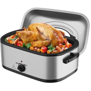 sunvivi electric roaster oven with visible self-basting lid, 24 quart turkey roaster oven with removable pan and rack,stainless steel,silver