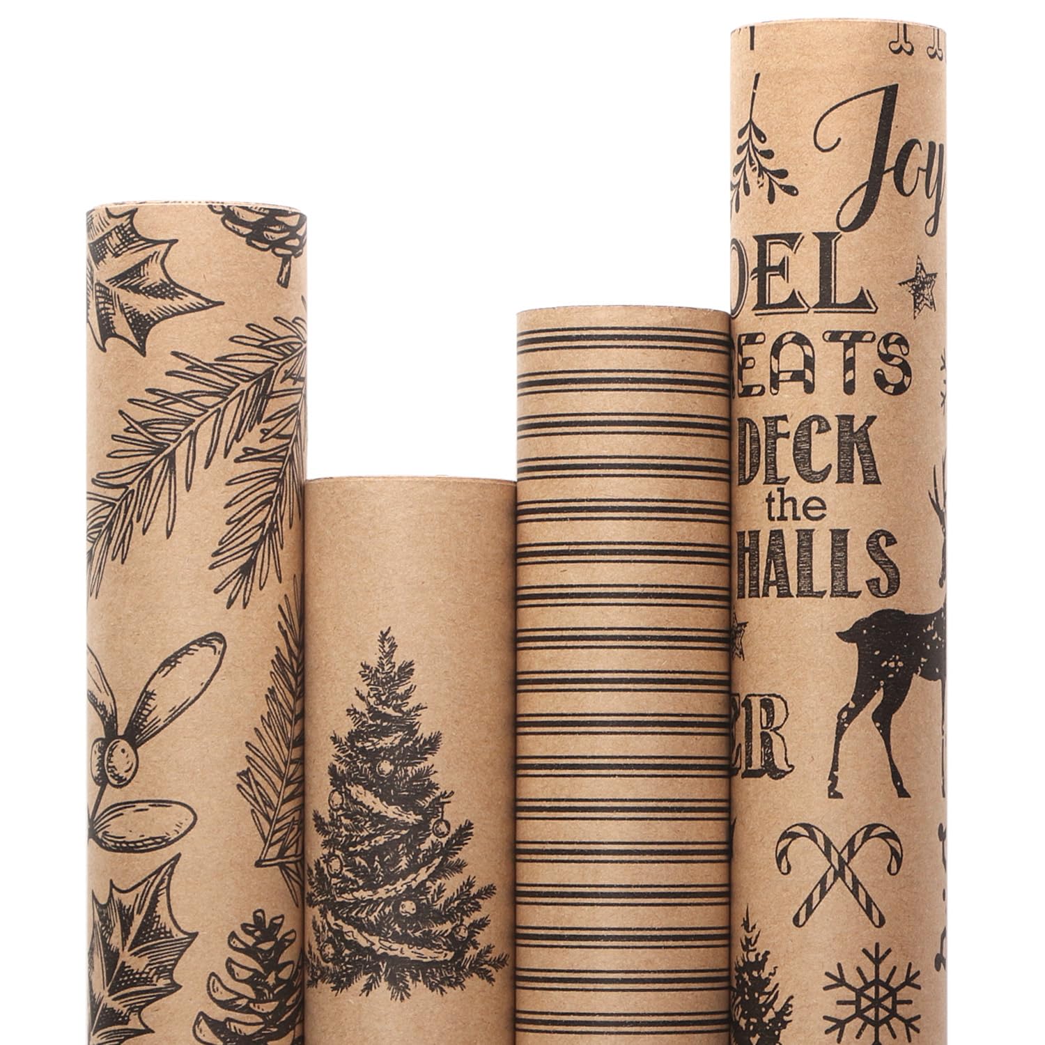 Ribbli 4 Rolls Gift-Wrapping Paper, Vintage Christmas Style, 30x120 inch(10ft) Per Roll, 100 Sq Ft Total, Brown Kraft Paper with Black Pattern