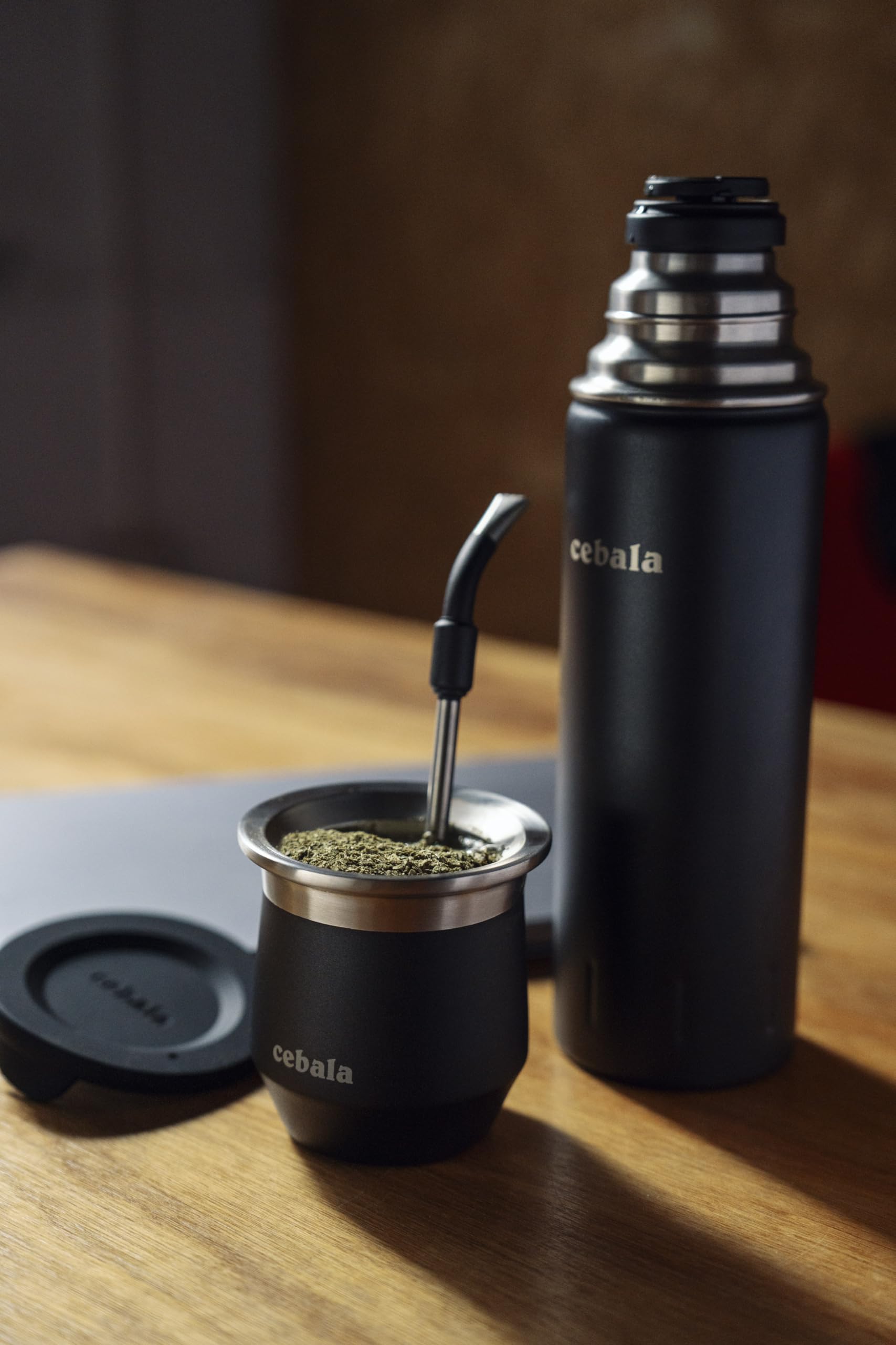 Cebala Yerba Mate Natural Gourd/Tea Cup Set (Original Mate Cup) PREMIUM QUALITY | Includes 2 Bombillas (Yerba Mate Straws to Use) & Silicon Cup & Cleaning Brush | Stainless Steel (Black)