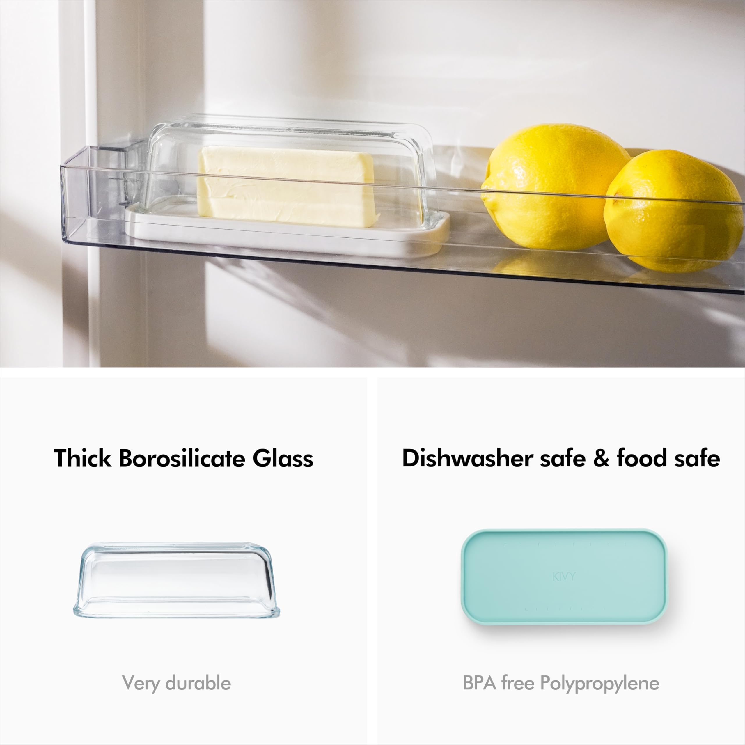 KIVY Glass butter dish with airtight lid that keeps butter soft - For countertop and refrigerator door shelf - Clear glass butter dish with cover - White Marble Butter holder with plastic plate