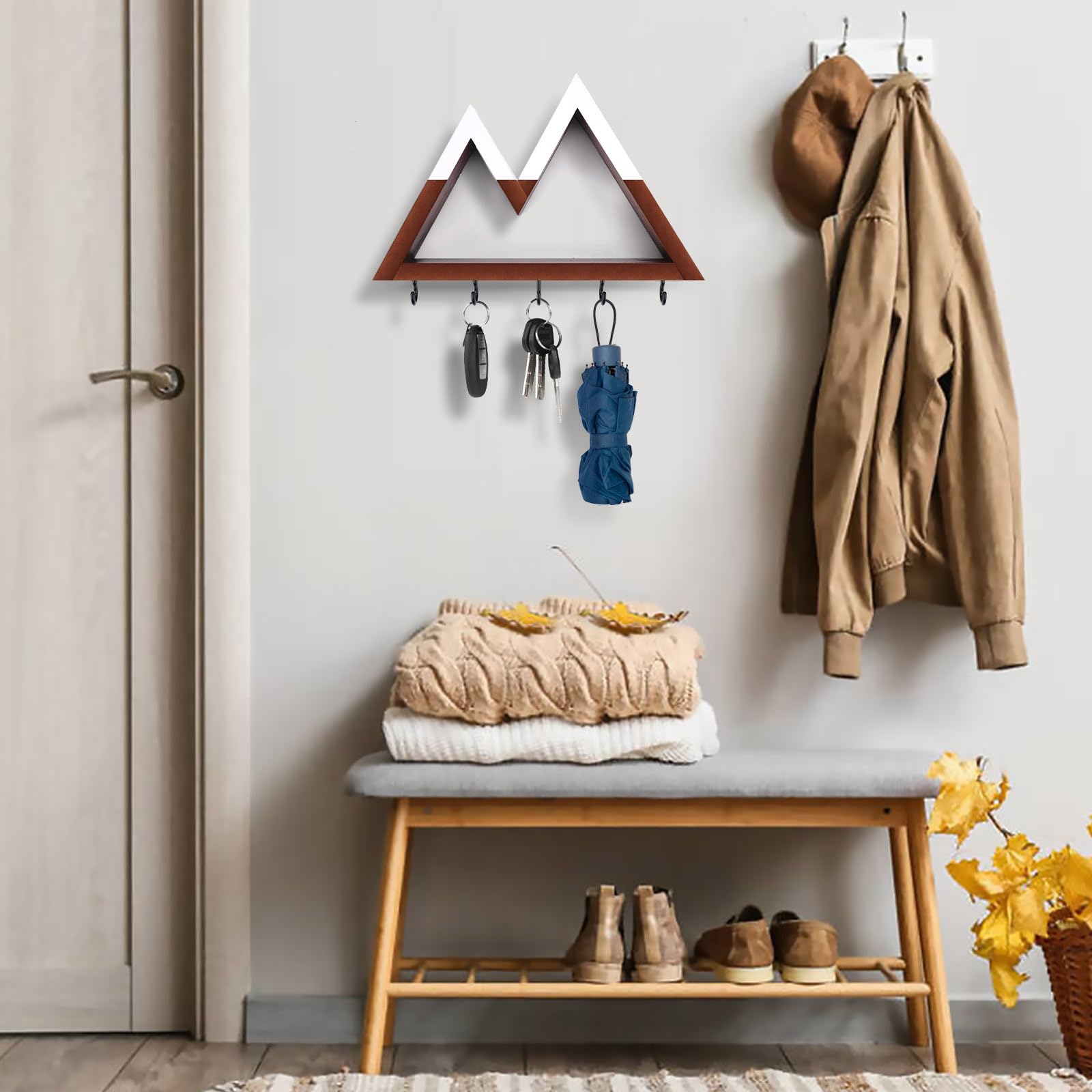 CRAKTH Mountain Key Holder for Wall Decorative, Wooden Key Hanger Wall Mount with 5 Hooks, Unique Key Rack for Mail and Key Organizer