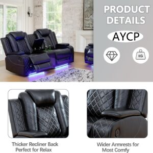 AYCP Multifunction Power Air Leather Recliner Sofa Set with LED Lights, Living Room Furniture, Reclining Sofa, loveseat, Chair with USB Port/Storage (Black, Sofa+Loveseat)