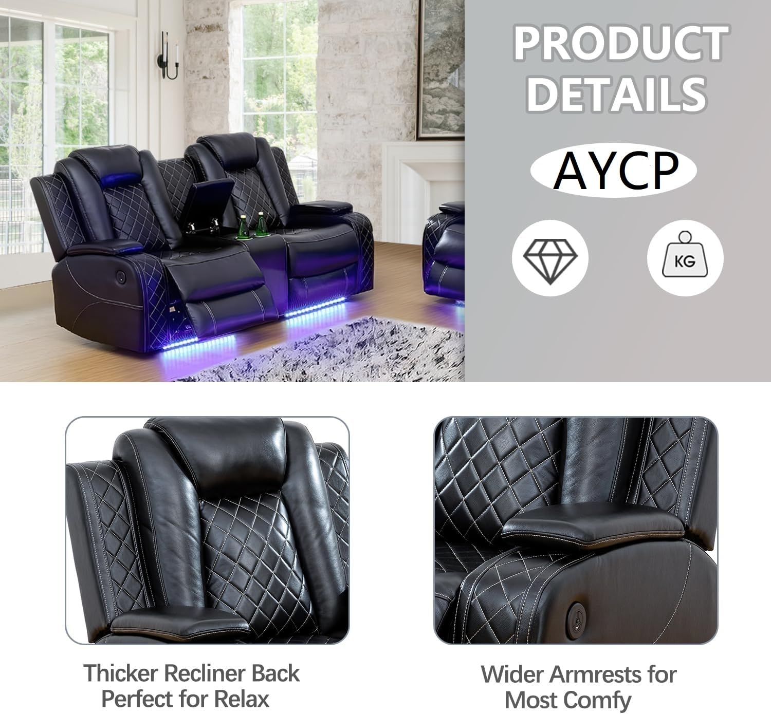 AYCP Multifunction Power Air Leather Recliner Sofa Set with LED Lights, Living Room Furniture, Reclining Sofa, loveseat, Chair with USB Port/Storage (Black, Sofa+Loveseat)