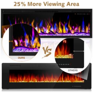 Smart 60" WiFi-Enabled Electric Fireplace Heater, Recessed in-Wall and Wall-Mounted Linear Fireplace,Compatible with Alexa,13 Adjustable Flame Color and 5 Brightness,1500/750 Watt Heater,Black