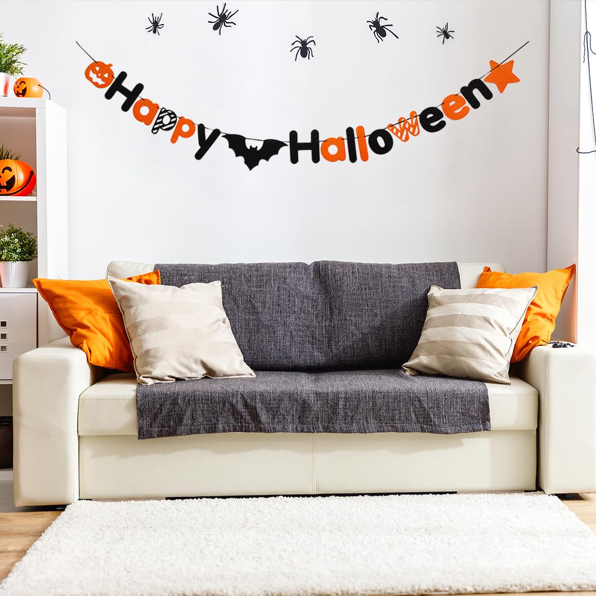 Happy Halloween Banner Halloween Garland with Spider Pumpkin Felt Garland Halloween Decorations Indoor for Mantle Fireplace Wall Party Supplies