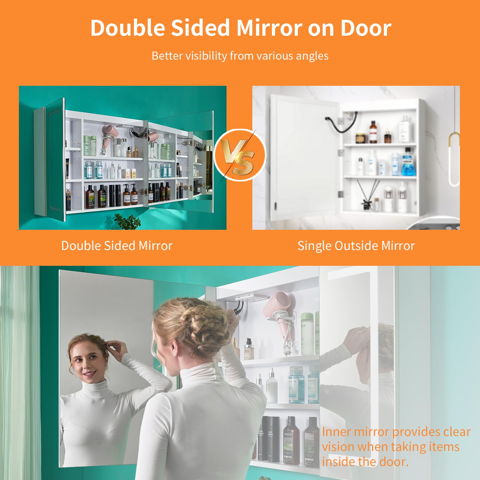 FCH LED Medicine Cabinet with Smart Mirror, 48" Wide Bathroom Medicine Cabinet with Bluetooth& Speaker, Clock, Room Temp Display, Defog, Stepless Dimming, 3-Color Temper Change, Outlets & USBs