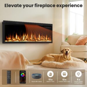 Smart 60" WiFi-Enabled Electric Fireplace Heater, Recessed in-Wall and Wall-Mounted Linear Fireplace,Compatible with Alexa,13 Adjustable Flame Color and 5 Brightness,1500/750 Watt Heater,Black