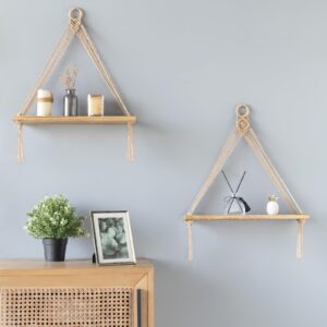 Dahey Macrame Hanging Shelf Boho Wall Decor 2 Pack Rustic Wood Floating Shelves for Nursery Bedroom Bathroom Living Room College Dorm Room Storage Display Shelves for Hanging Plants Photos