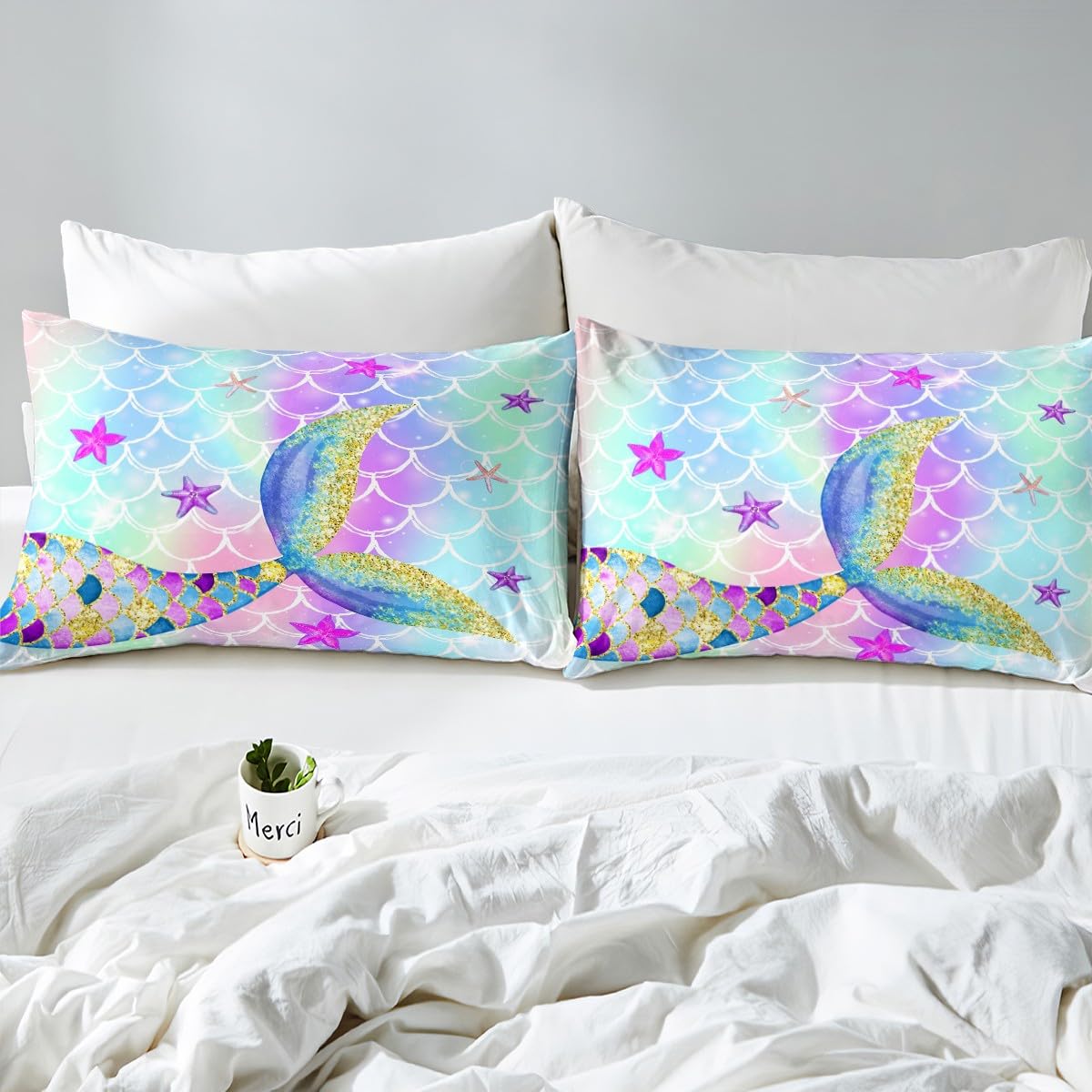 Erosebridal Rainbow Mermaid Comforter Cover Mermaid Tail Duvet Cover Girls Fish Scales Bedding Set Ocean Life Underwater Starfish Seashell Print Quilt Cover with 1 Pillowcase, Twin