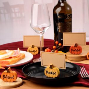 Tradder 18 Pcs Fall Pumpkin Place Card Holders with Gold Foil Card Harvest Thanksgiving Mini Pumpkin Name Card Photo Picture Stand Holder for Decorations Wedding (Yellow, Orange, Light Orange)