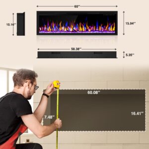 Smart 60" WiFi-Enabled Electric Fireplace Heater, Recessed in-Wall and Wall-Mounted Linear Fireplace,Compatible with Alexa,13 Adjustable Flame Color and 5 Brightness,1500/750 Watt Heater,Black