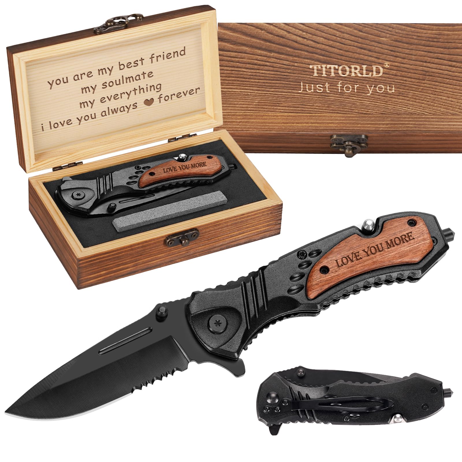 Gifts for Him Men Husband, Christmas Stocking Stuffers, Anniversary Birthday Gifts ideas for Him, Engraved Pocket Knife, Wooden Handle Folding Knife with Wood Box, Unique Outdoor Camping Hiking Tool