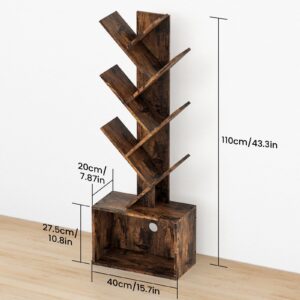 Art-GIFTREE Wood Tree Bookshelf 6 Tier, Sturdy Retro Floor Standing Bookcase, Storage Rack for Home Office, Bedroom, Living Room, Reading Spot, Heavy Book Organizer Shelves for CDs/DVDs/Movies