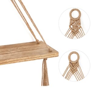 Dahey Macrame Hanging Shelf Boho Wall Decor 2 Pack Rustic Wood Floating Shelves for Nursery Bedroom Bathroom Living Room College Dorm Room Storage Display Shelves for Hanging Plants Photos