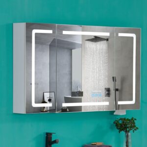 fch led medicine cabinet with smart mirror, 48" wide bathroom medicine cabinet with bluetooth& speaker, clock, room temp display, defog, stepless dimming, 3-color temper change, outlets & usbs