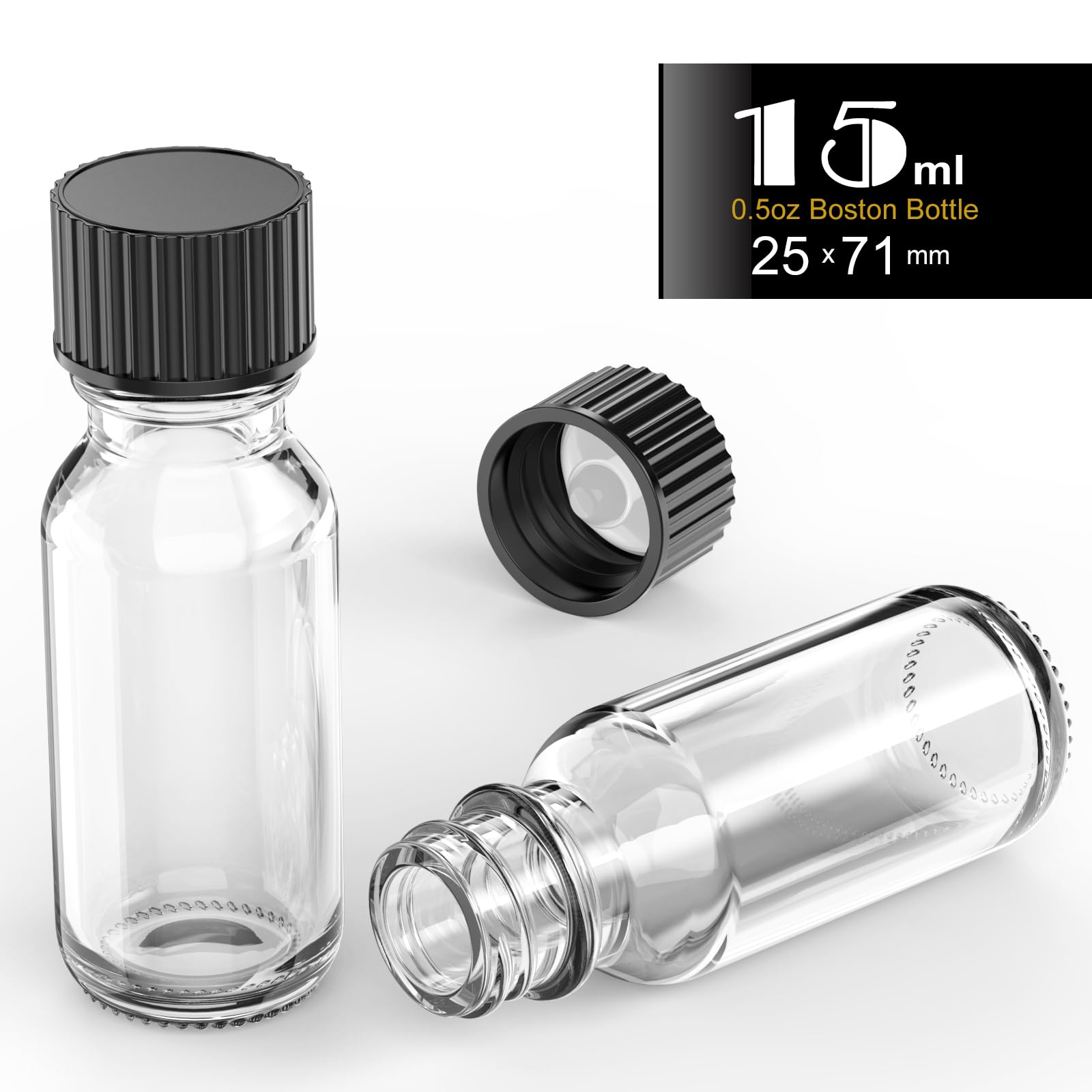 ZHANXUBIO 0.5 oz Clear Glass Bottles, 15ml Boston Round Sample Bottles with Black Poly Cone Caps, Labels, Funnels (15ml 0.5oz, Clear) 12PCS