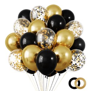 rubfac 65pcs 12 inches black gold balloons kit, black and gold confetti balloons with ribbons for birthday, wedding, baby shower, graduation decorations