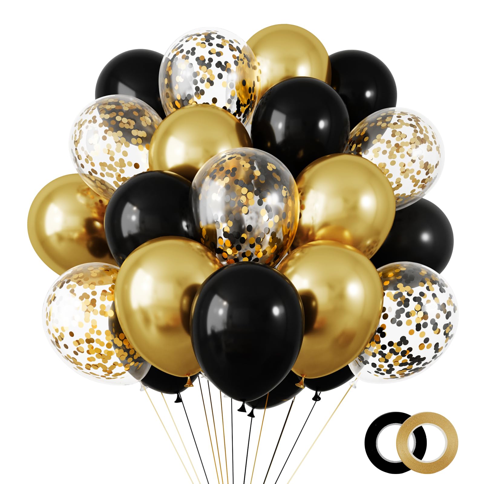 RUBFAC 65pcs 12 Inches Black Gold Balloons Kit, Black and Gold Confetti Balloons with Ribbons for Birthday, Wedding, Baby Shower, Graduation Decorations