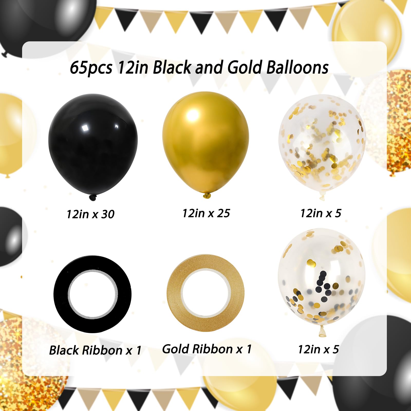 RUBFAC 65pcs 12 Inches Black Gold Balloons Kit, Black and Gold Confetti Balloons with Ribbons for Birthday, Wedding, Baby Shower, Graduation Decorations