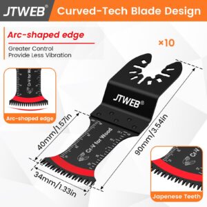 JTWEB Japanese Tooth Oscillating Saw Blades Wood, 10PCS Arc-Shaped Edge Multi Tool Blades for Wood, Plastic, Power Oscillating Tool Blade Multitool Blades Kits Sharpener Universal for Milwaukee