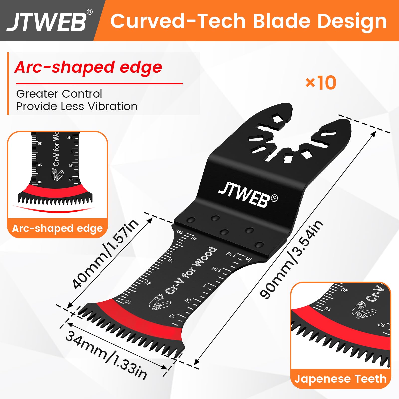 JTWEB Japanese Tooth Oscillating Saw Blades Wood, 10PCS Arc-Shaped Edge Multi Tool Blades for Wood, Plastic, Power Oscillating Tool Blade Multitool Blades Kits Sharpener Universal for Milwaukee