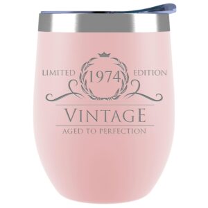 sodilly 50th birthday gifts for women, vintage 1974 stemless wine tumblers for women, wife, mom, friends, sister, turning 50 and fabulous birthday gifts wine tumbler, 12oz blush