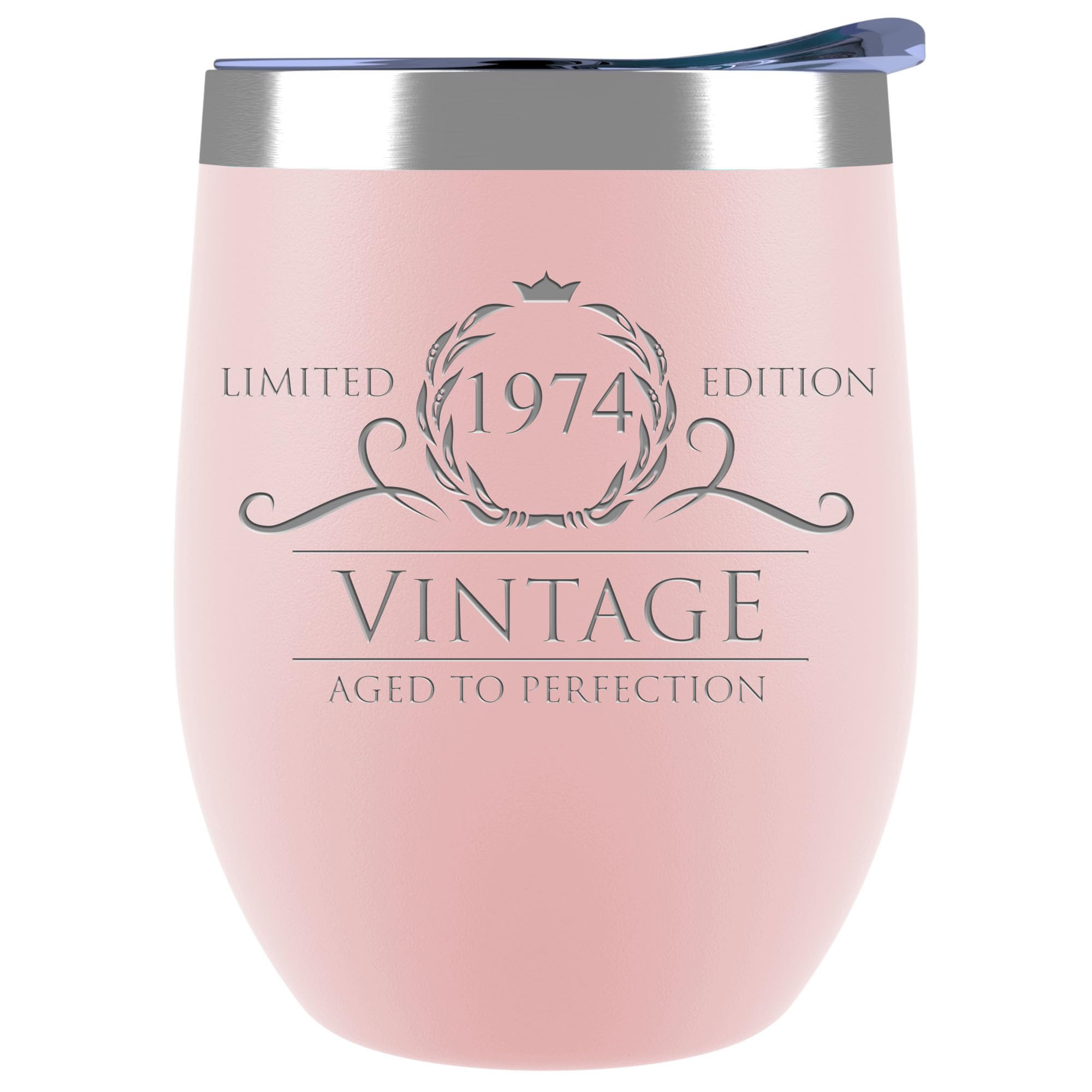 Sodilly 50th Birthday Gifts for Women, Vintage 1974 Stemless Wine Tumblers for Women, Wife, Mom, Friends, Sister, Turning 50 and Fabulous Birthday Gifts Wine Tumbler, 12oz Blush