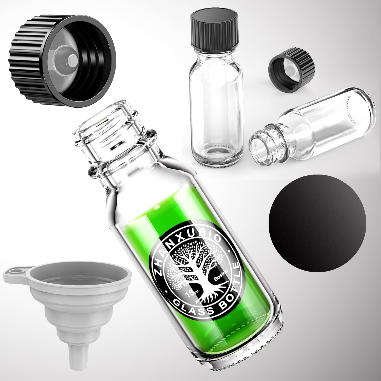 ZHANXUBIO 0.5 oz Clear Glass Bottles, 15ml Boston Round Sample Bottles with Black Poly Cone Caps, Labels, Funnels (15ml 0.5oz, Clear) 12PCS