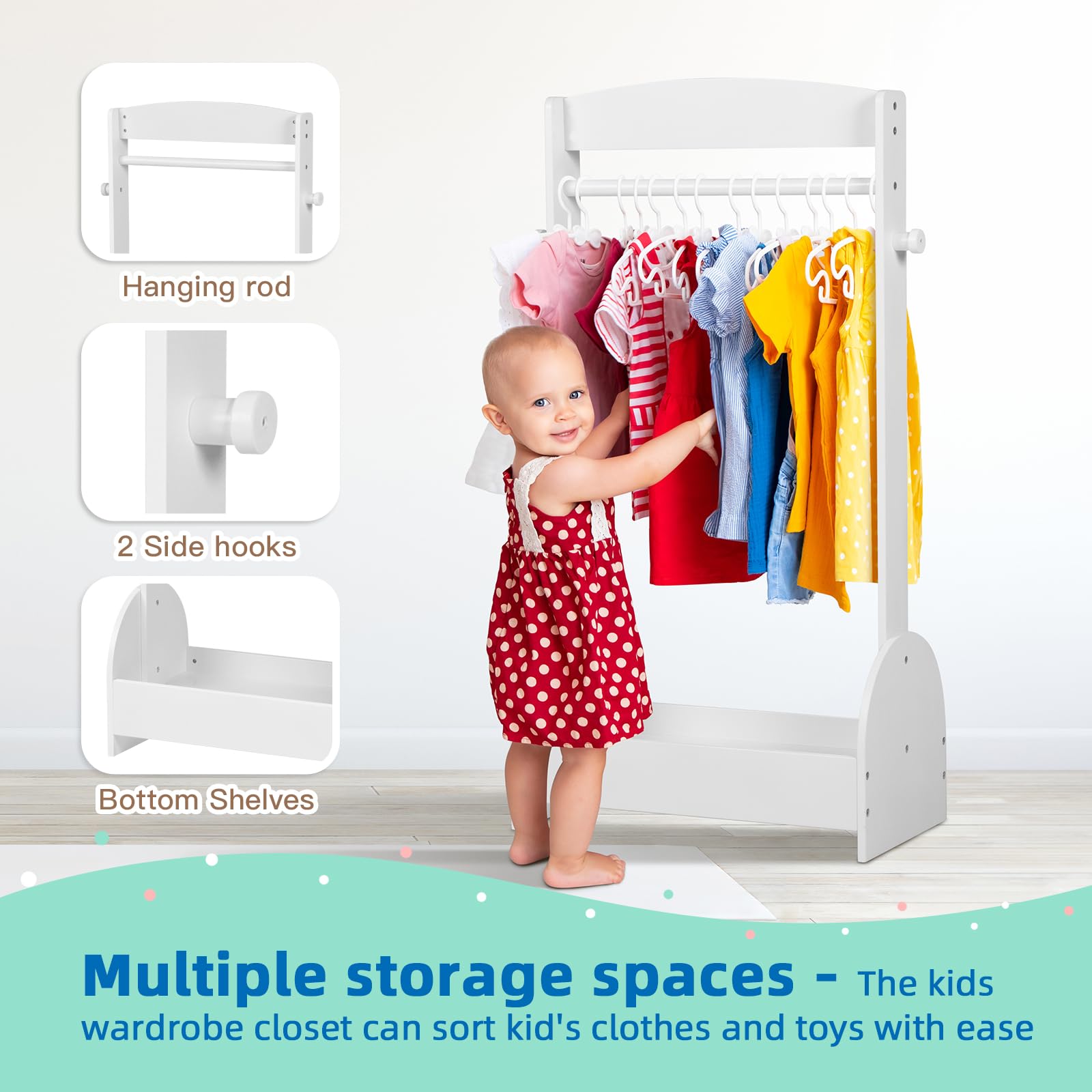 OOOK Kids Dress Up Rack, Open Hanging Armoire Closet, Clothes Storage Rack Wood Standing Closet, Costume Rack Organizer for Toddler 3+ Years