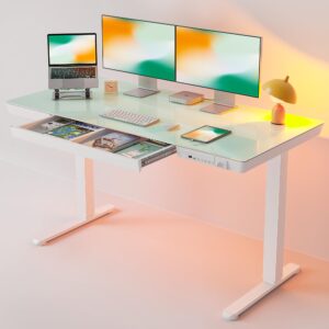 fezibo 55 × 24 electric standing desk with drawers, whole-piece glass adjustable height desk, one-piece quick install adjustable sit stand desk, white