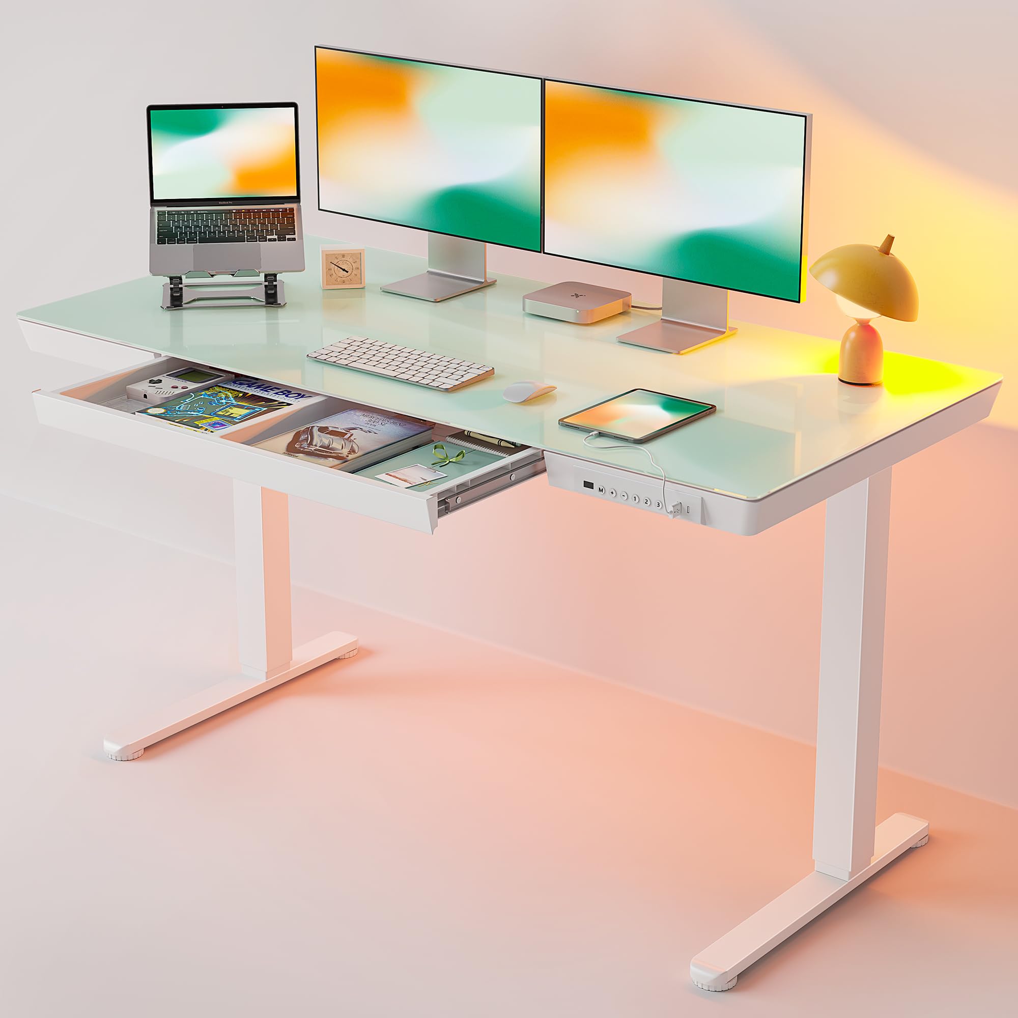 FEZIBO 55 × 24 Electric Standing Desk with Drawers, Whole-Piece Glass Adjustable Height Desk, One-Piece Quick Install Adjustable Sit Stand Desk, White