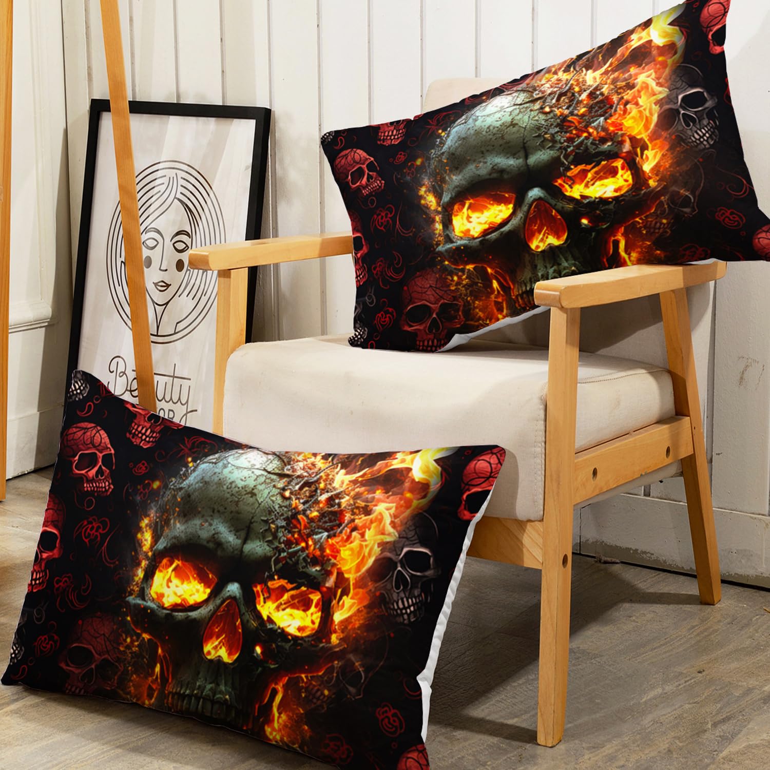 AILONEN Fire Skull Fitted Sheet Queen Size, 3D Skeleton Bed Sheet Set for Kids Boys,Fiery Style Black Tint Soft Breathable,1 Fitted Sheet 2 Pillowcases,3 PCS,Soft Microfibre