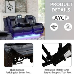 AYCP Multifunction Power Air Leather Recliner Sofa Set with LED Lights, Living Room Furniture, Reclining Sofa, loveseat, Chair with USB Port/Storage (Black, Sofa+Loveseat)