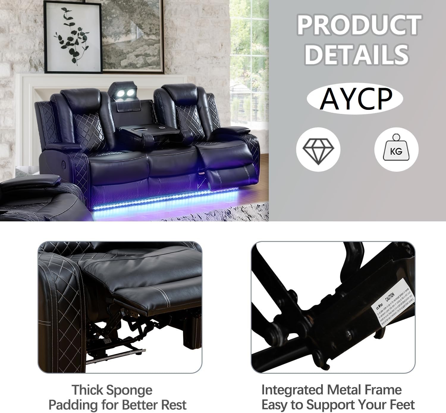 AYCP Multifunction Power Air Leather Recliner Sofa Set with LED Lights, Living Room Furniture, Reclining Sofa, loveseat, Chair with USB Port/Storage (Black, Sofa+Loveseat)