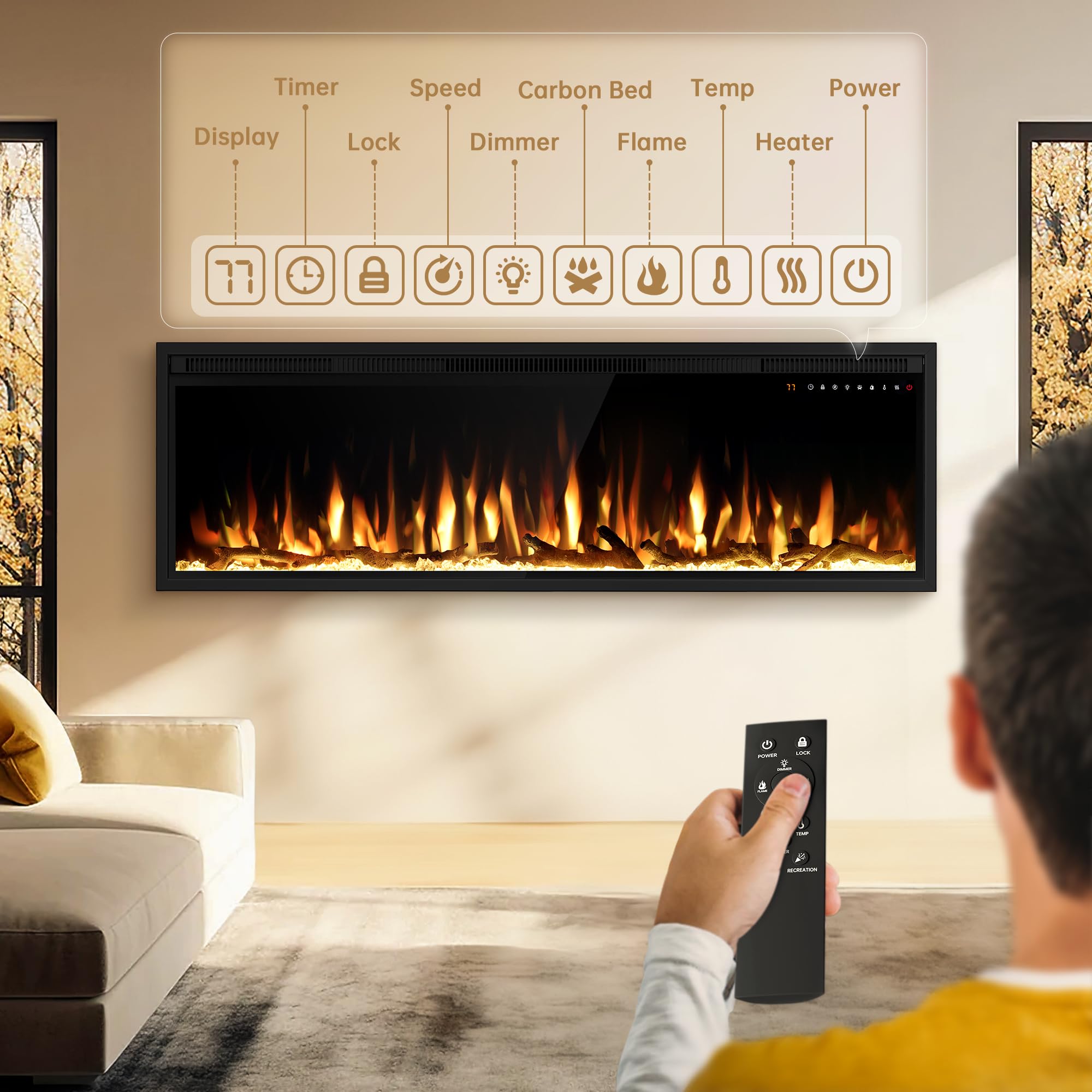 Smart 60" WiFi-Enabled Electric Fireplace Heater, Recessed in-Wall and Wall-Mounted Linear Fireplace,Compatible with Alexa,13 Adjustable Flame Color and 5 Brightness,1500/750 Watt Heater,Black