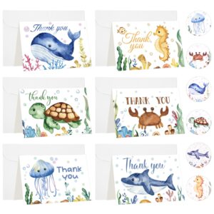 jetec 48 sets sea animal thank you cards baby shower thank you cards with envelopes and stickers whale crab shark turtle ocean creatures note cards for summer baby bridal shower wedding, 4 x 6 inch