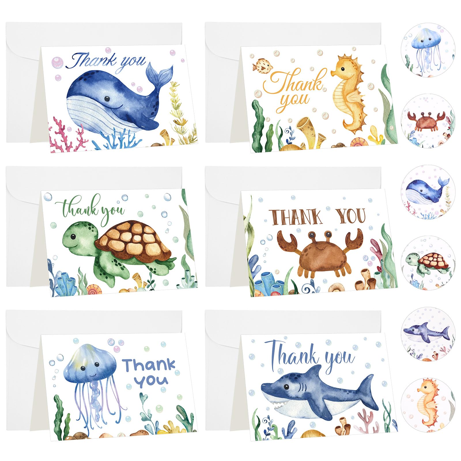 Jetec 48 Sets Sea Animal Thank You Cards Baby Shower Thank You Cards with Envelopes and Stickers Whale Crab Shark Turtle Ocean Creatures Note Cards for Summer Baby Bridal Shower Wedding, 4 x 6 Inch