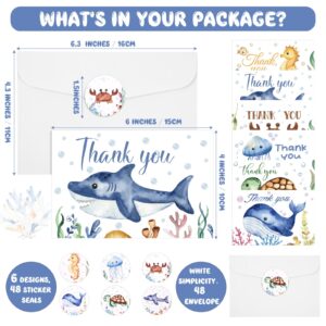 Jetec 48 Sets Sea Animal Thank You Cards Baby Shower Thank You Cards with Envelopes and Stickers Whale Crab Shark Turtle Ocean Creatures Note Cards for Summer Baby Bridal Shower Wedding, 4 x 6 Inch