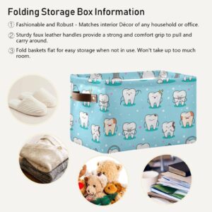 Blue Teeth Storage Basket Collapsible Storage Bins Cubes Fabric Clothes Hamper Box Toy Chest Gift Baskets for Shelves Home Nursery Shoes Office with Leather Handles