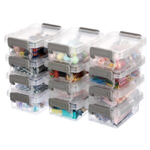 btsky 12 pack clear plastic bead organizer, small storage containers with lids, stackable mini plastic box with grey latch for small crafts accessories beads jewelry clips candy, 4.7"l x 3.1"w x 1.8"h