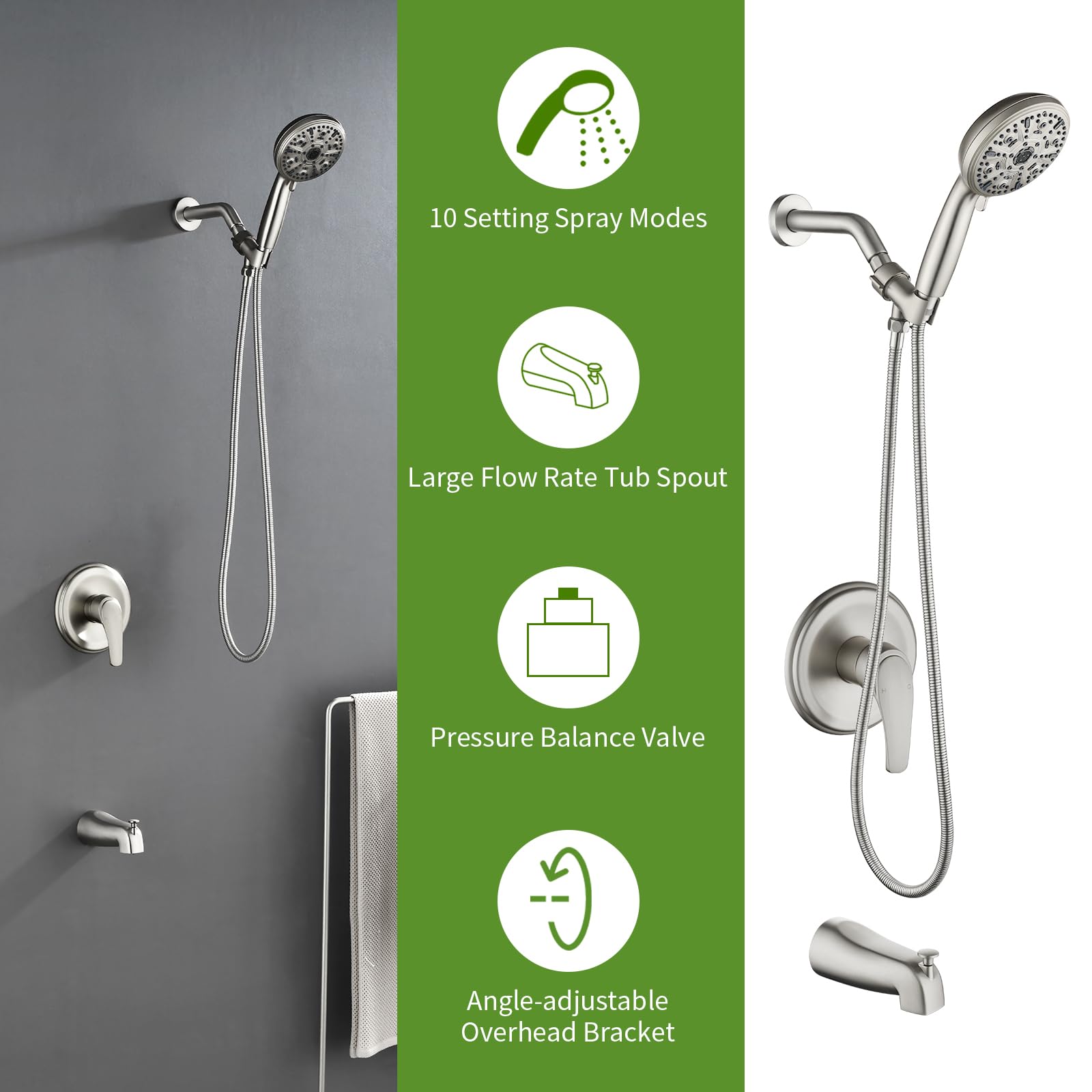 VIKASI Tub Shower Faucet Set with 10 Spray Handheld Shower Brushed Nickel Shower System with Tub Spout Single Handle 4.7 Inch Shower Handheld Shower Fixtures Tub and Shower Trim Kit