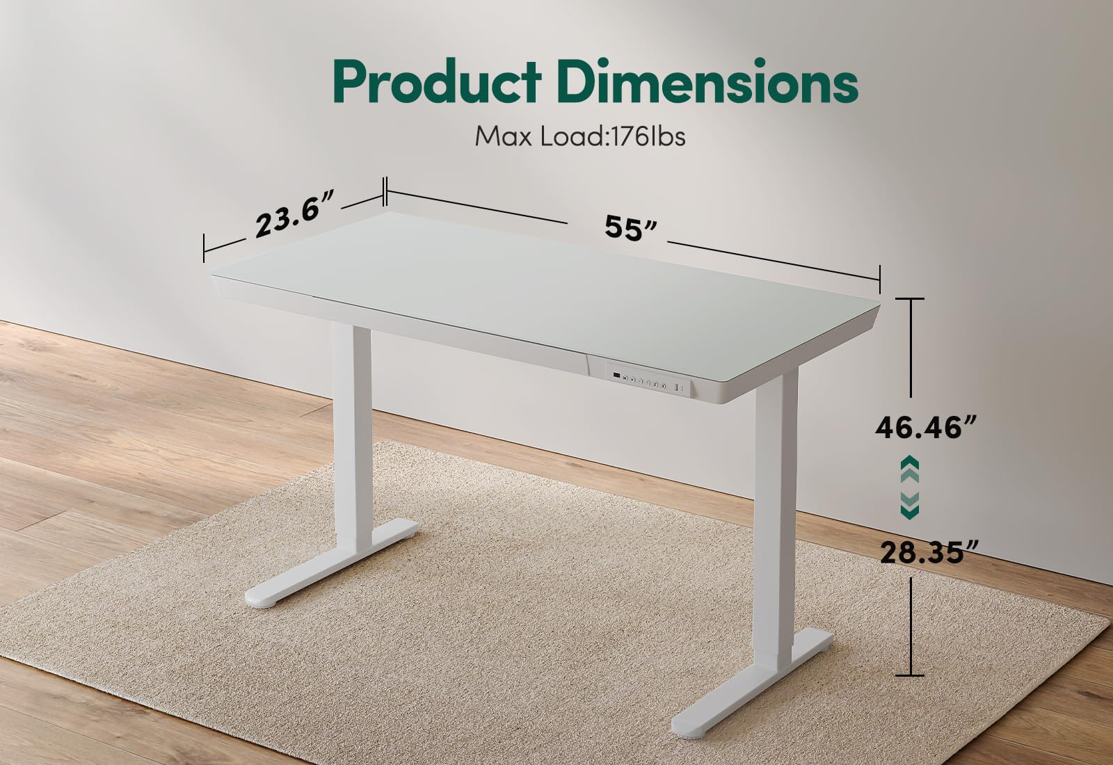 FEZIBO 55 × 24 Electric Standing Desk with Drawers, Whole-Piece Glass Adjustable Height Desk, One-Piece Quick Install Adjustable Sit Stand Desk, White