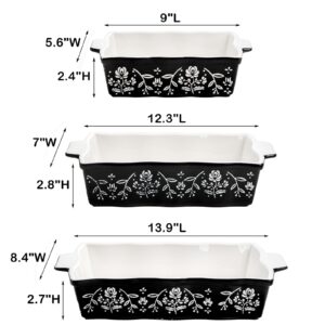 Bekith 3-Piece Ceramic Baking Dishes with Handles, Casserole Dishes for Oven, Rectangular Deep Lasagna Pans, Porcelain Bakeware Sets for Baking Cake Kitchen, Cooking, Black and White